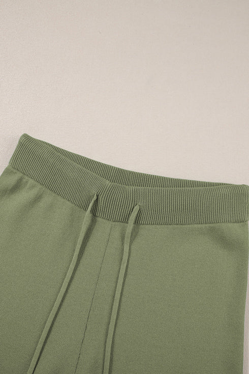 Contrast Trim Textured Knit Half Sleeve Drop Shoulder Drawstring Waist Wide Leg Two Piece Pant Set